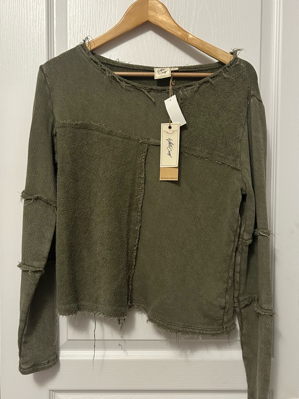NWT White Crow Raw Hem Distressed Long Sleeve Top - Olive Green - Size M